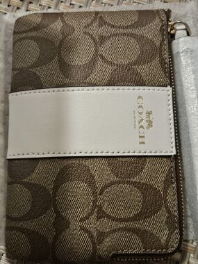Coach Brown Signature Canvas Wristlet with White Leather Accent